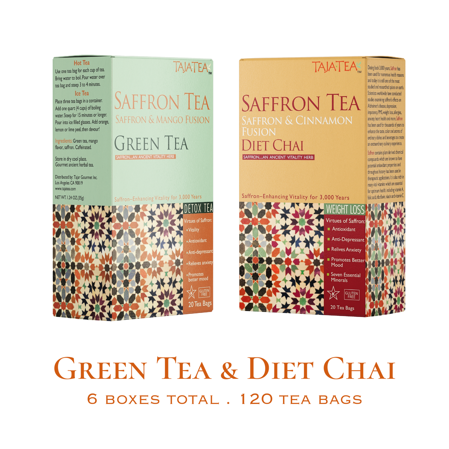 TAJA TEA DUO – Green Tea + Diet Chai, 6 Box Variety Pack