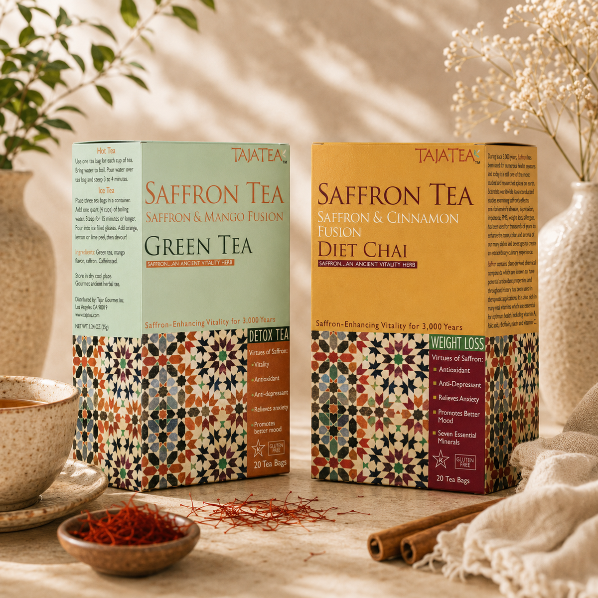 TAJA TEA DUO – Green Tea + Diet Chai, 6 Box Variety Pack