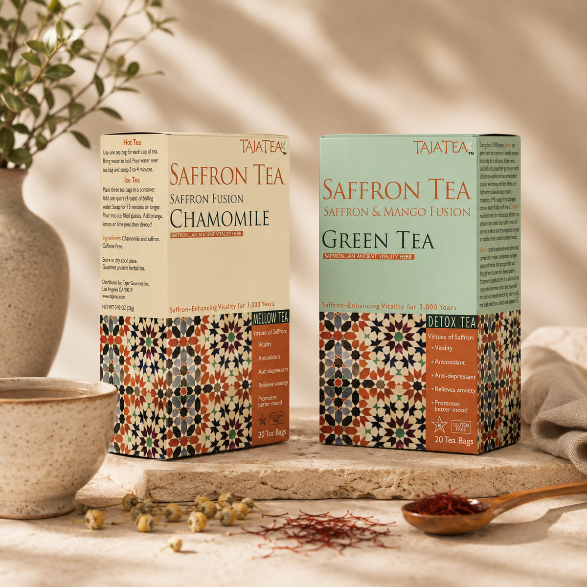 TAJA TEA DUO - Chamomile + Green Tea, 6 Box Variety Pack