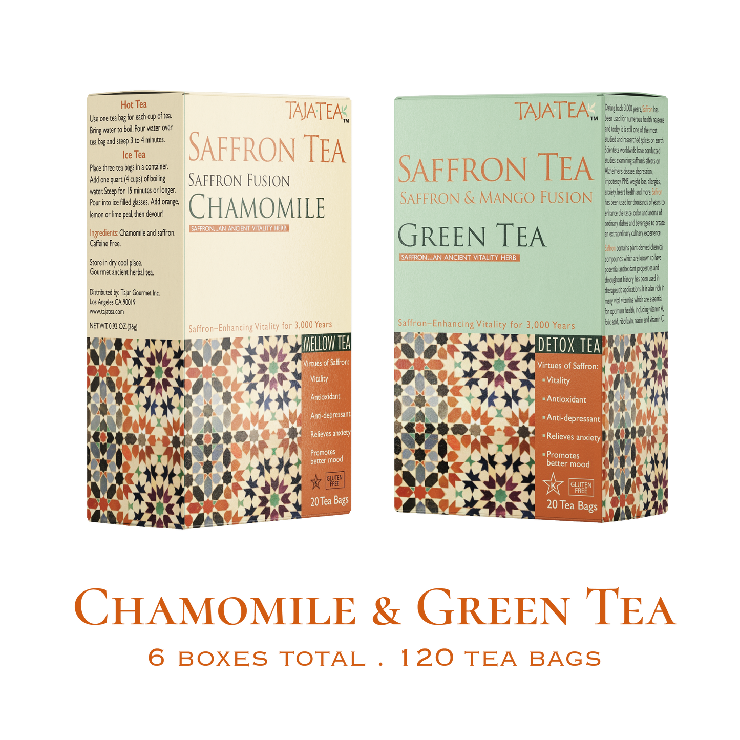 TAJA TEA DUO - Chamomile + Green Tea, 6 Box Variety Pack
